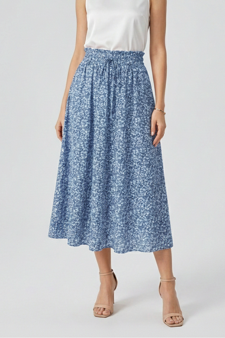 Ophelia | High-rise Elastic Waist Midi Party Skirt with Adjustable Front Drawstring