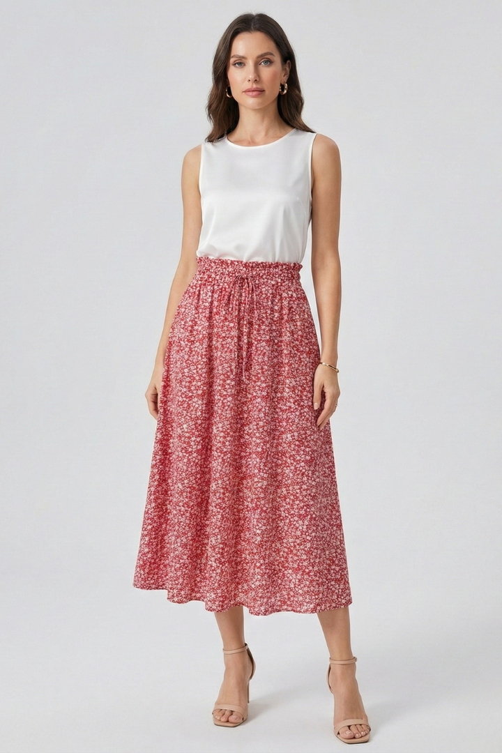 Ophelia | High-rise Elastic Waist Midi Party Skirt with Adjustable Front Drawstring