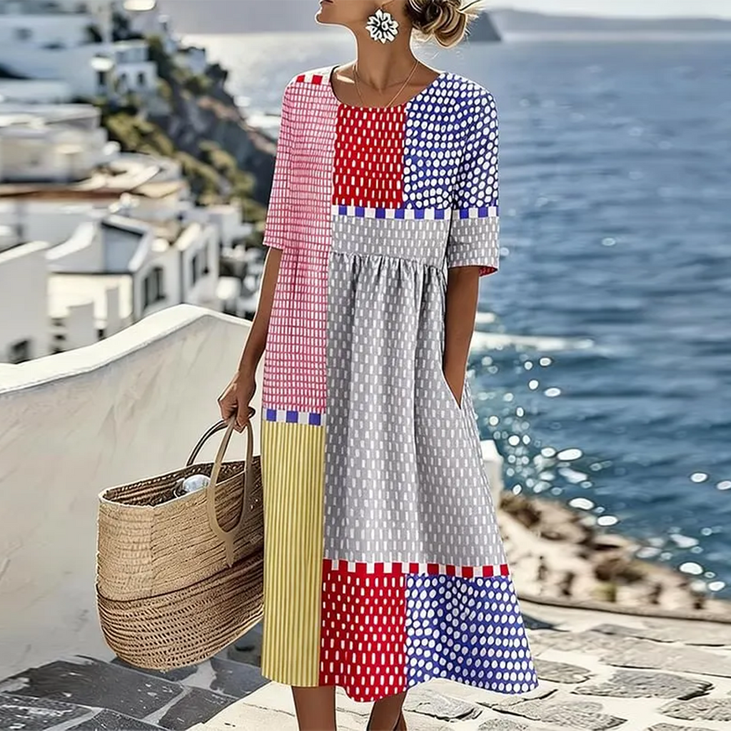Women's Cotton Blend Midi Dress | Vibrant Colour Block Geometric Print with Pockets 0