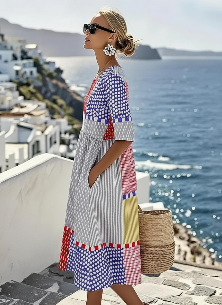 Women's Cotton Blend Midi Dress | Vibrant Colour Block Geometric Print with Pockets 1