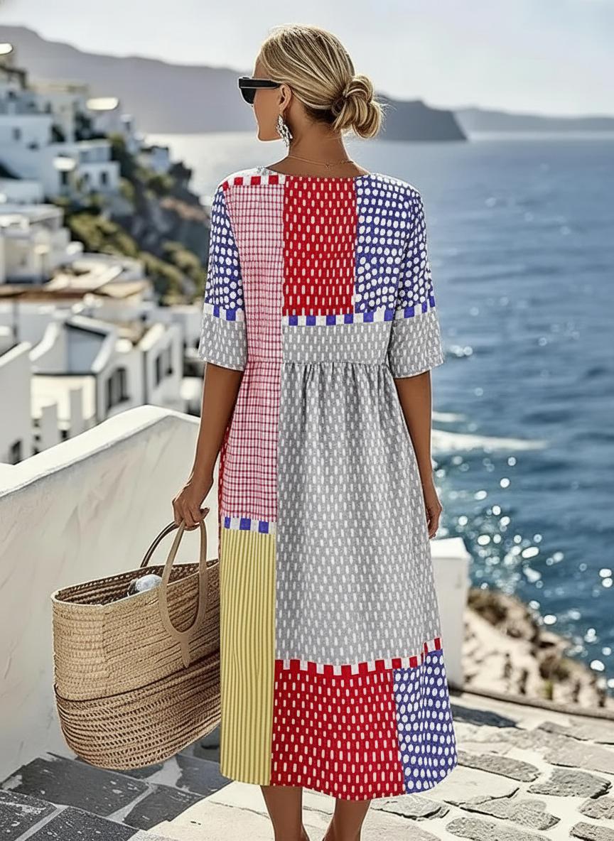 Women's Cotton Blend Midi Dress | Vibrant Colour Block Geometric Print with Pockets 3