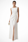 Women's Elegant Polyester Maxi Dress | Flowing Sleeveless Wedding Guest Gown 0