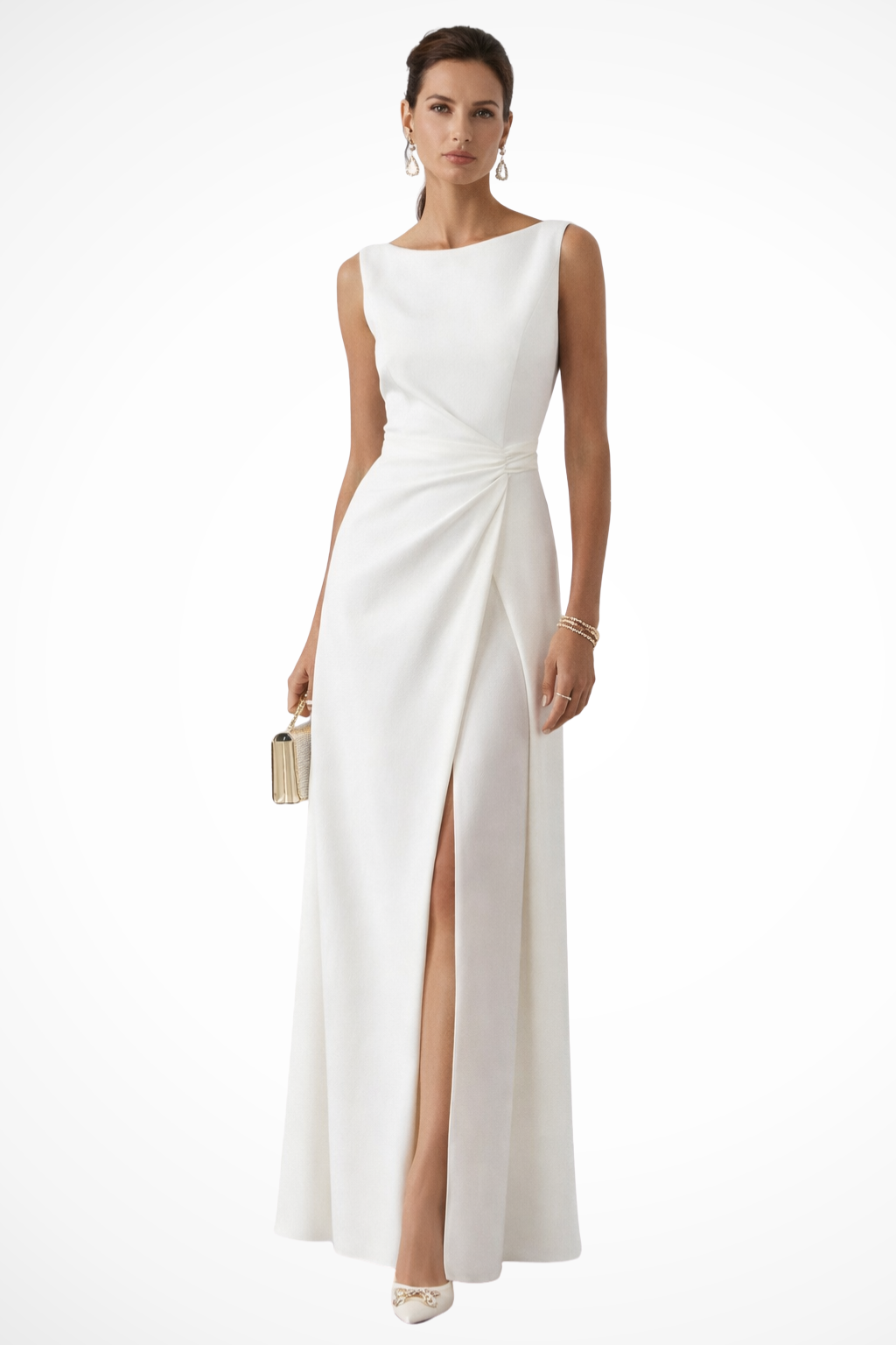 Women's Elegant Polyester Maxi Dress | Flowing Sleeveless Wedding Guest Gown 0