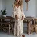Women's Embroidered Maxi Dress | Elegant Deep V-Neck Flare Sleeve Formal Gown 0