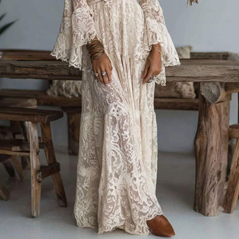 Women's Embroidered Maxi Dress | Elegant Deep V-Neck Flare Sleeve Formal Gown 1