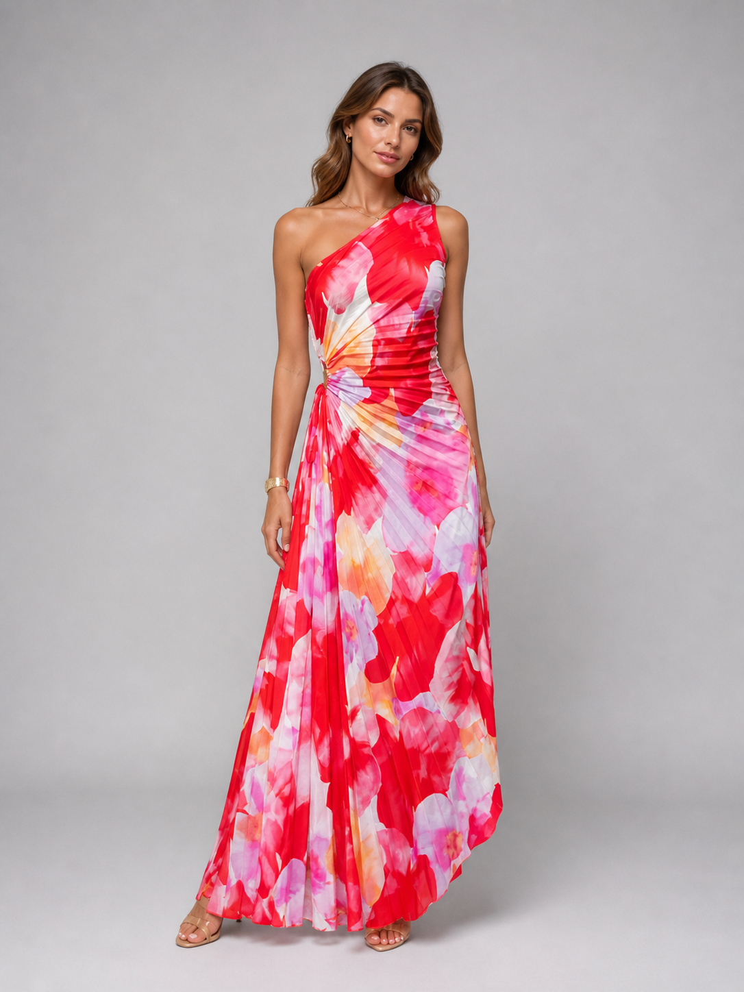 Women's Floral Chiffon Maxi Dress | Elegant One-Shoulder Formal Summer Gown 0