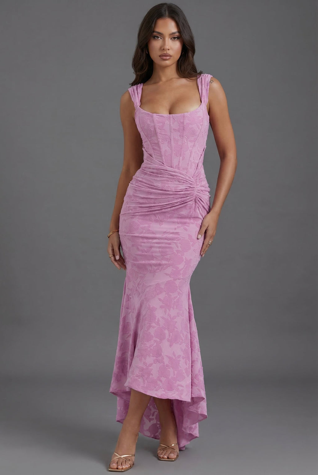 Women's Floral Jacquard Maxi Dress | Elegant Ruched Fishtail Formal Gown 0