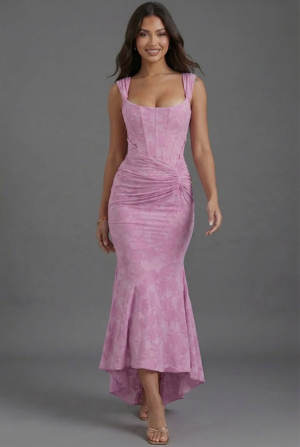 Women's Floral Jacquard Maxi Dress | Elegant Ruched Formal Evening Gown 2