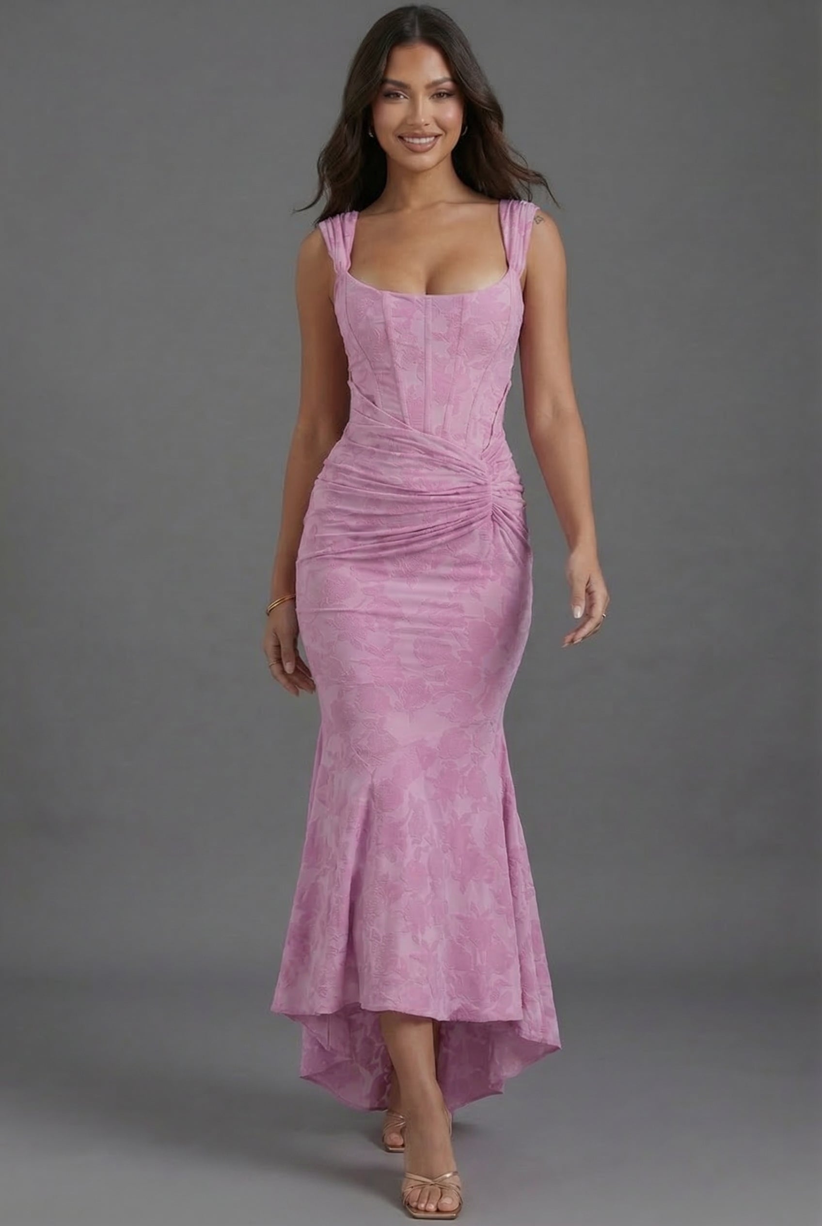 Women's Floral Jacquard Maxi Dress | Elegant Ruched Formal Evening Gown 2