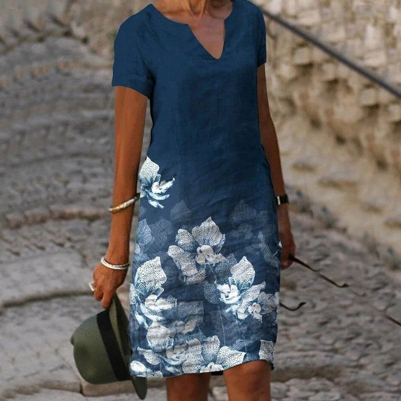Women's Floral Linen Midi Dress | Comfortable Short Sleeve Summer Dress 0