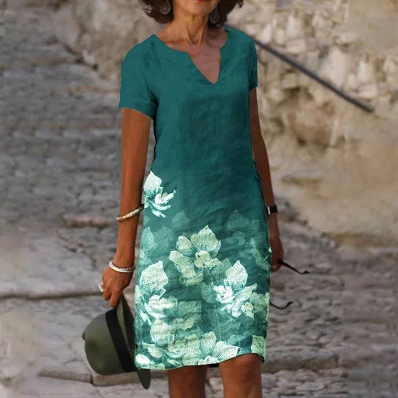 Women's Floral Linen Midi Dress | Comfortable Short Sleeve Summer Dress 1