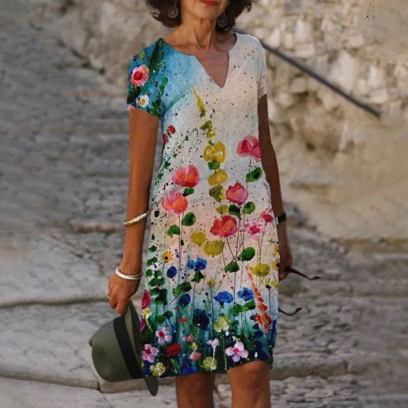 Women's Floral Linen Midi Dress | Comfortable Short Sleeve Summer Dress 3