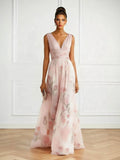 Women's Floral Print Tulle Maxi Dress | Elegant Formal Evening Gown 0