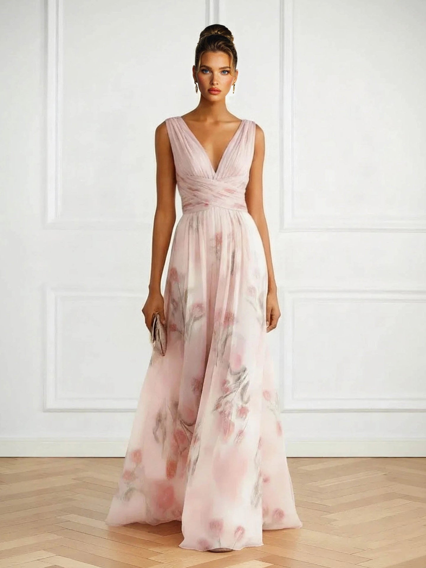 Women's Floral Print Tulle Maxi Dress | Elegant Formal Evening Gown 0