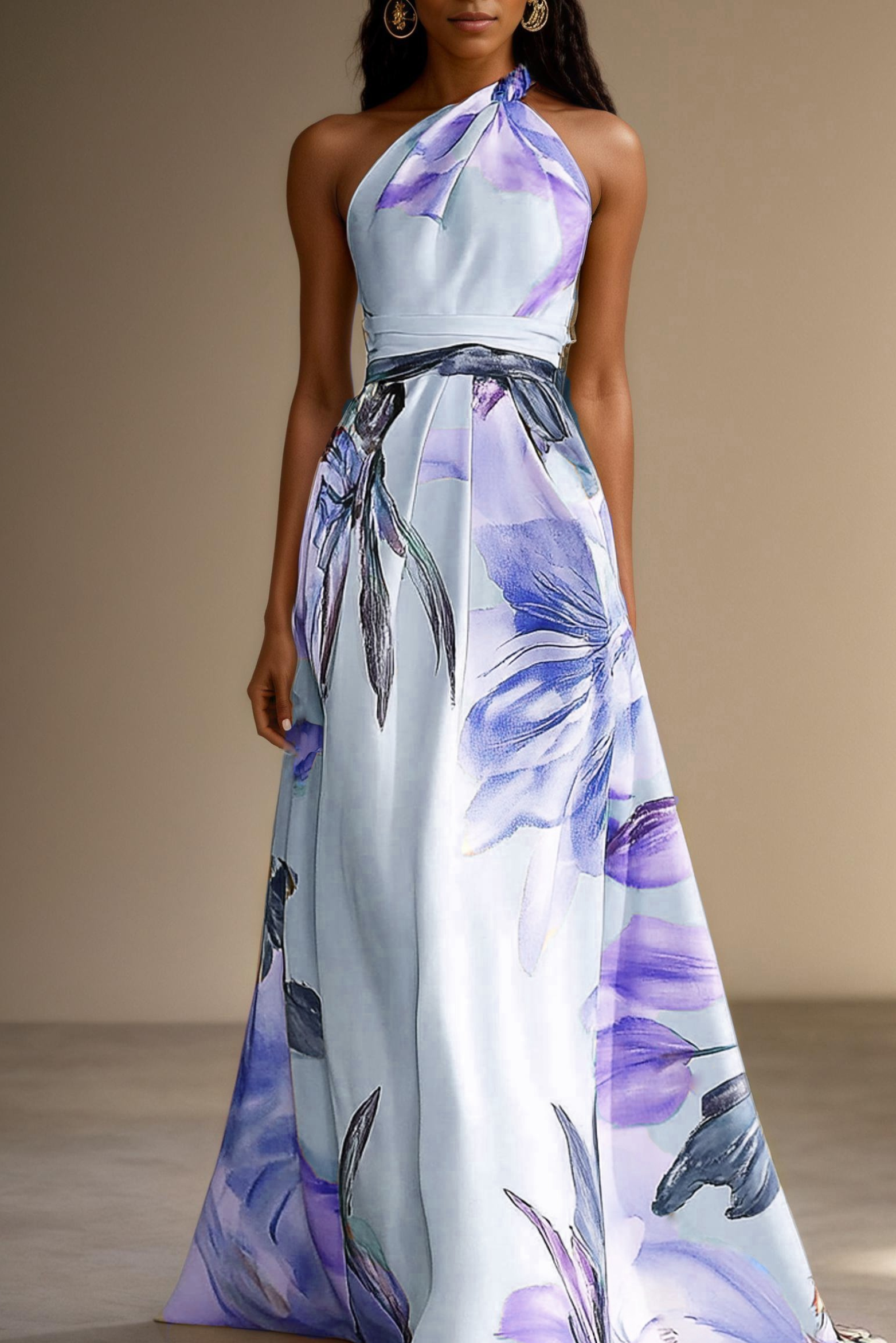 Women's Floral Satin Maxi Dress | Elegant One-Shoulder Summer Formal Gown 8