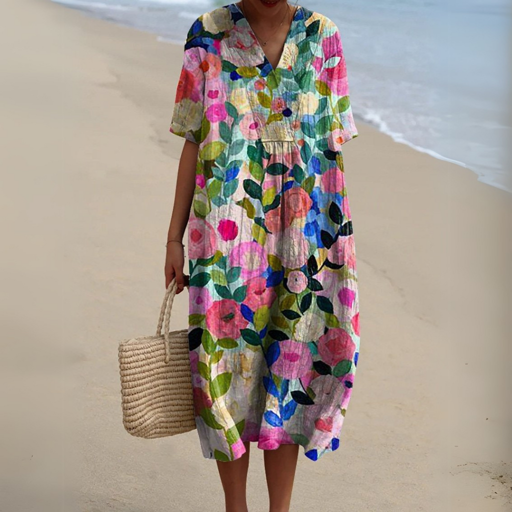 Women's Floral Woven Midi Dress | Relaxed Fit Lightweight Summer Dress 0