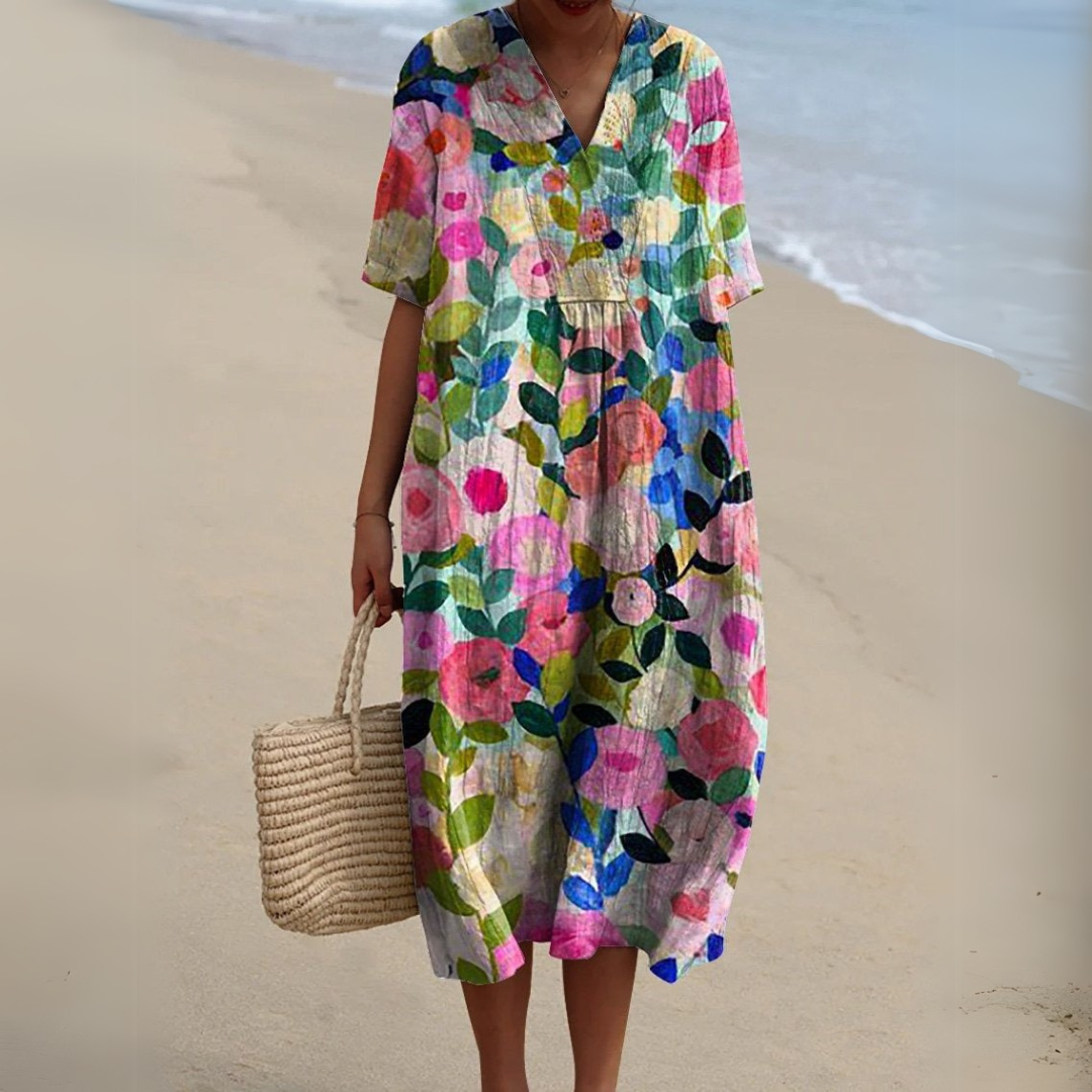 Women's Floral Woven Midi Dress | Relaxed Fit Lightweight Summer Dress 0
