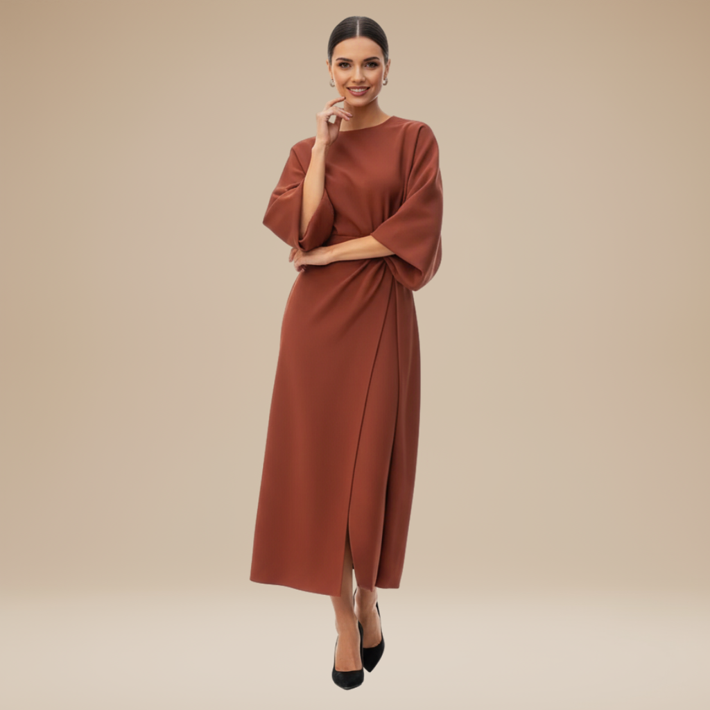 Women's Flowing Fabric Midi Dress | Elegant Wrap Style with Wide Sleeves 10