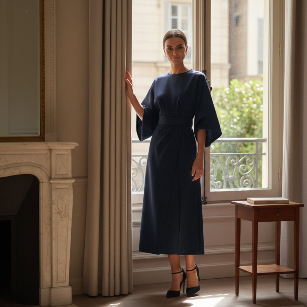 Women's Flowing Fabric Midi Dress | Elegant Wrap Style with Wide Sleeves 2