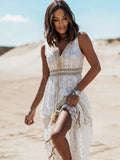 Women's Lace Maxi Dress | Elegant White Summer Boho Dress with V-Neckline 0