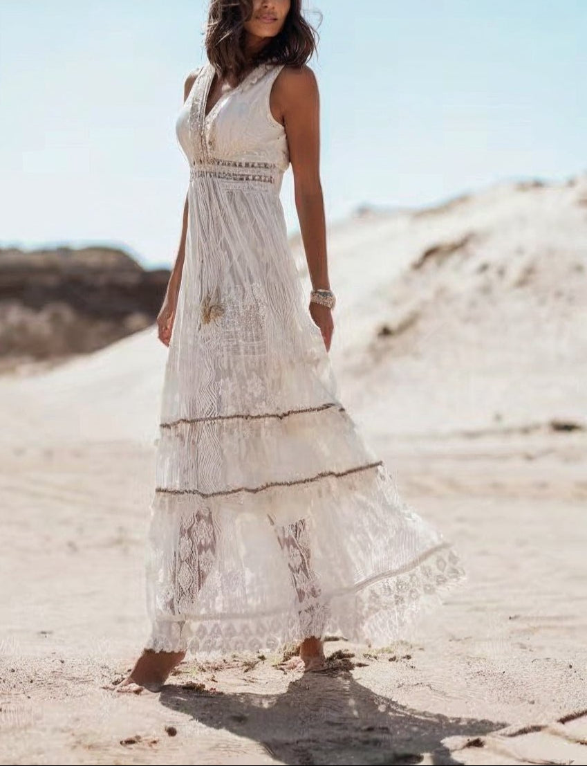 Women's Lace Maxi Dress | Elegant White Summer Boho Dress with V-Neckline 1