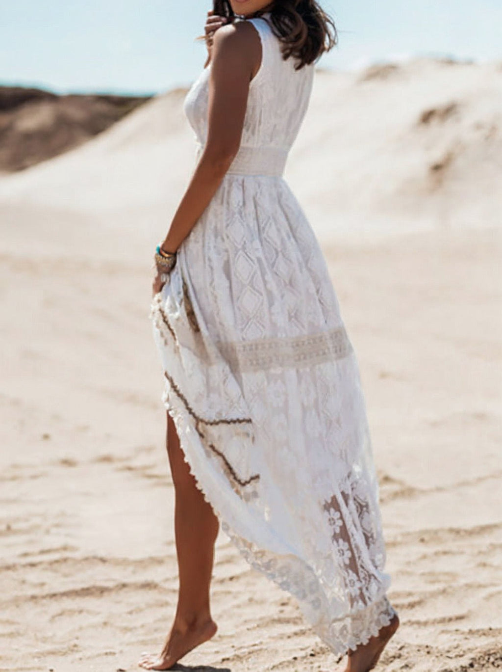 Women's Lace Maxi Dress | Elegant White Summer Boho Dress with V-Neckline 3