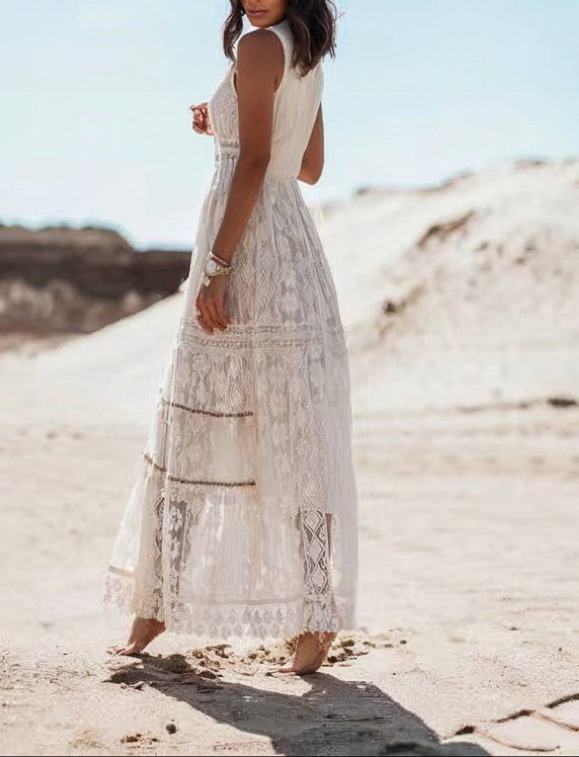 Women's Lace Maxi Dress | Elegant White Summer Boho Dress with V-Neckline 4