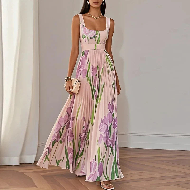 Women's Lightweight Chiffon Maxi Dress | Elegant Floral Pleated Summer Dress 1