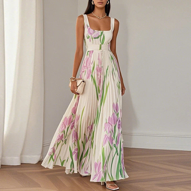 Women's Lightweight Chiffon Maxi Dress | Elegant Floral Pleated Summer Dress 2