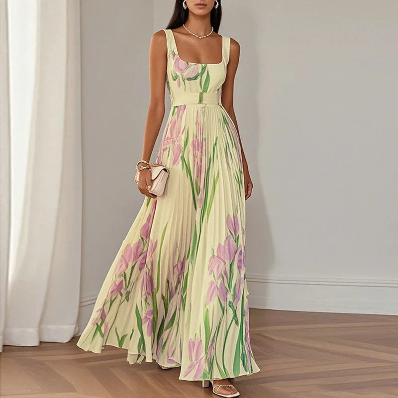 Women's Lightweight Chiffon Maxi Dress | Elegant Floral Pleated Summer Dress 3