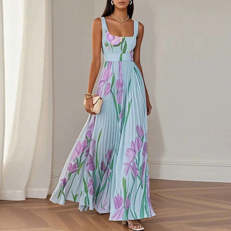 Women's Lightweight Chiffon Maxi Dress | Elegant Floral Pleated Summer Dress 4