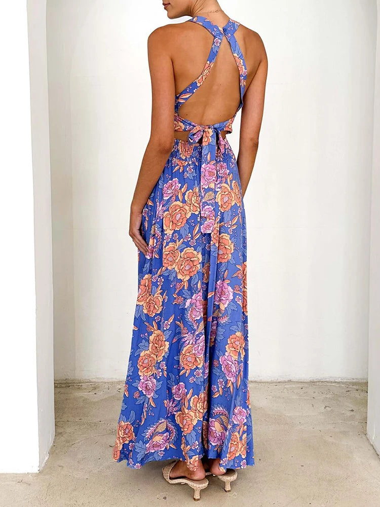 Women's Lightweight Floral Maxi Dress | Breezy Summer Sleeveless Backless Dress 4