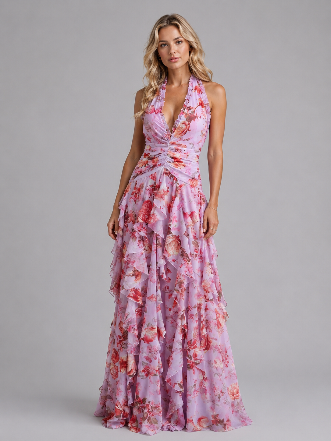 Women's Lightweight Floral Maxi Dress | Elegant Halter Neckline for Formal Summer Events 0