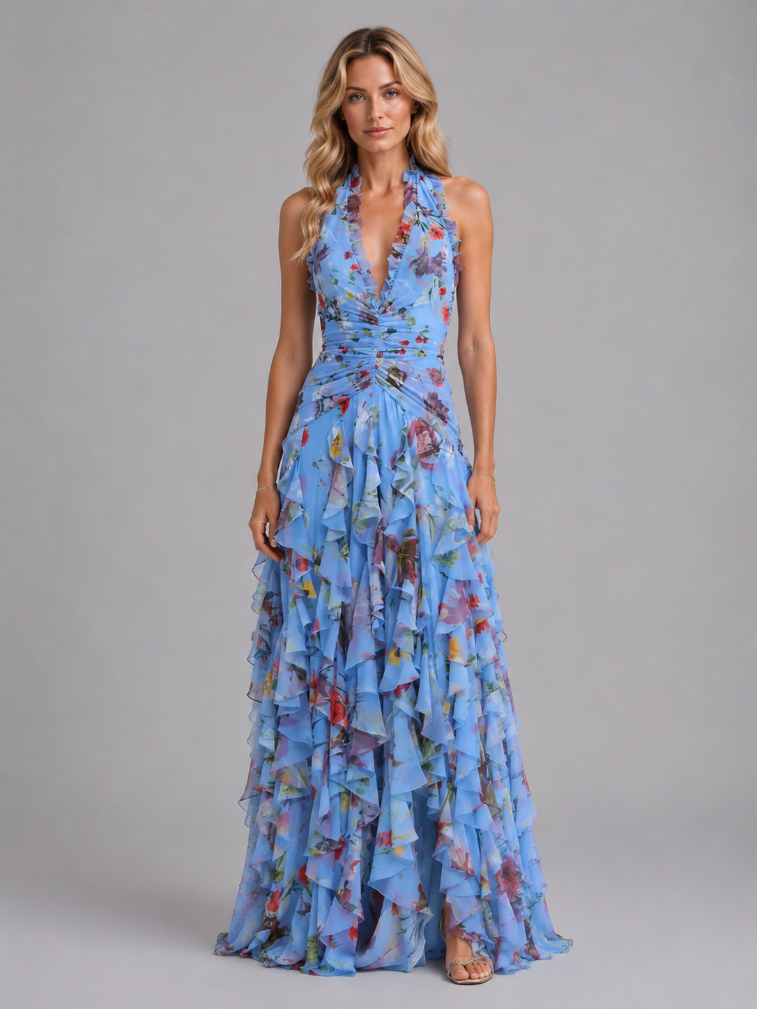 Women's Lightweight Floral Maxi Dress | Elegant Halter Neckline for Formal Summer Events 4