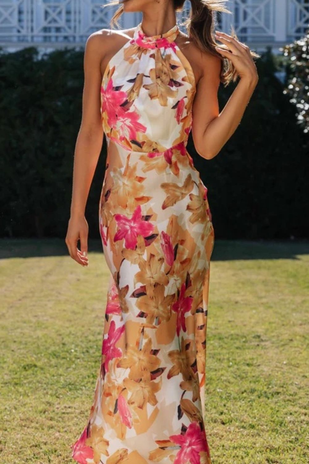 Women's Lightweight Floral Print Maxi Dress | Elegant Halter Neck Summer Dress 1