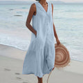 Women's Lightweight Linen Midi Dress | Casual Sleeveless Summer Shirt Dress 0
