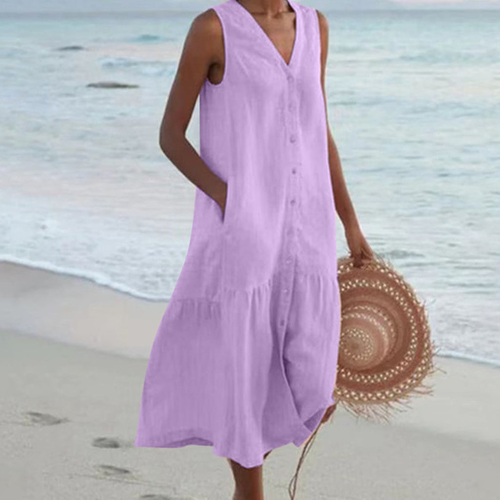 Women's Lightweight Linen Midi Dress | Casual Sleeveless Summer Shirt Dress 1