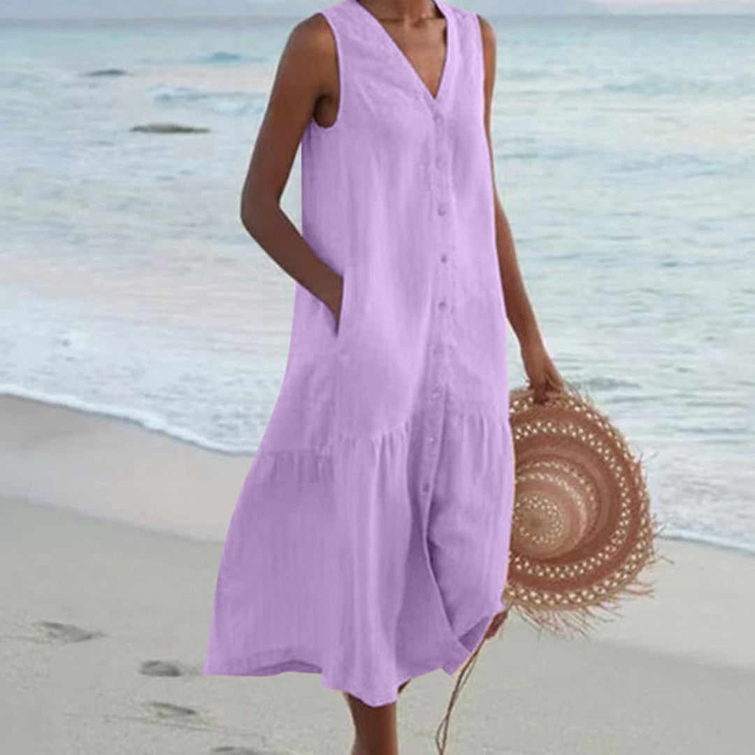 Women's Lightweight Linen Midi Dress | Casual Sleeveless Summer Shirt Dress 1