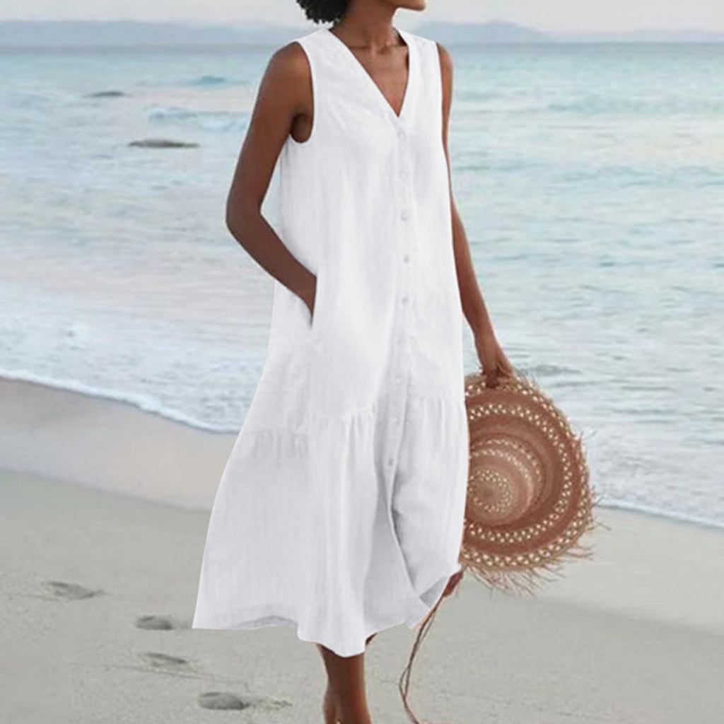 Women's Lightweight Linen Midi Dress | Casual Sleeveless Summer Shirt Dress 3