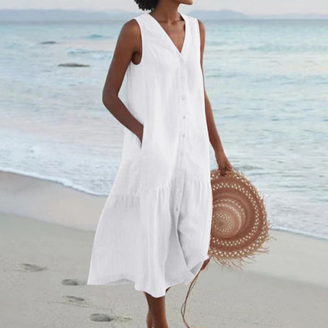 Women's Lightweight Linen Midi Dress | Casual Sleeveless Summer Shirt Dress 3