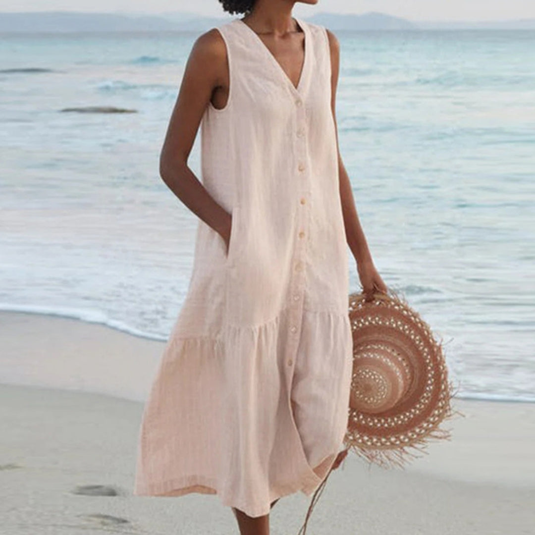 Women's Lightweight Linen Midi Dress | Casual Sleeveless Summer Shirt Dress 4