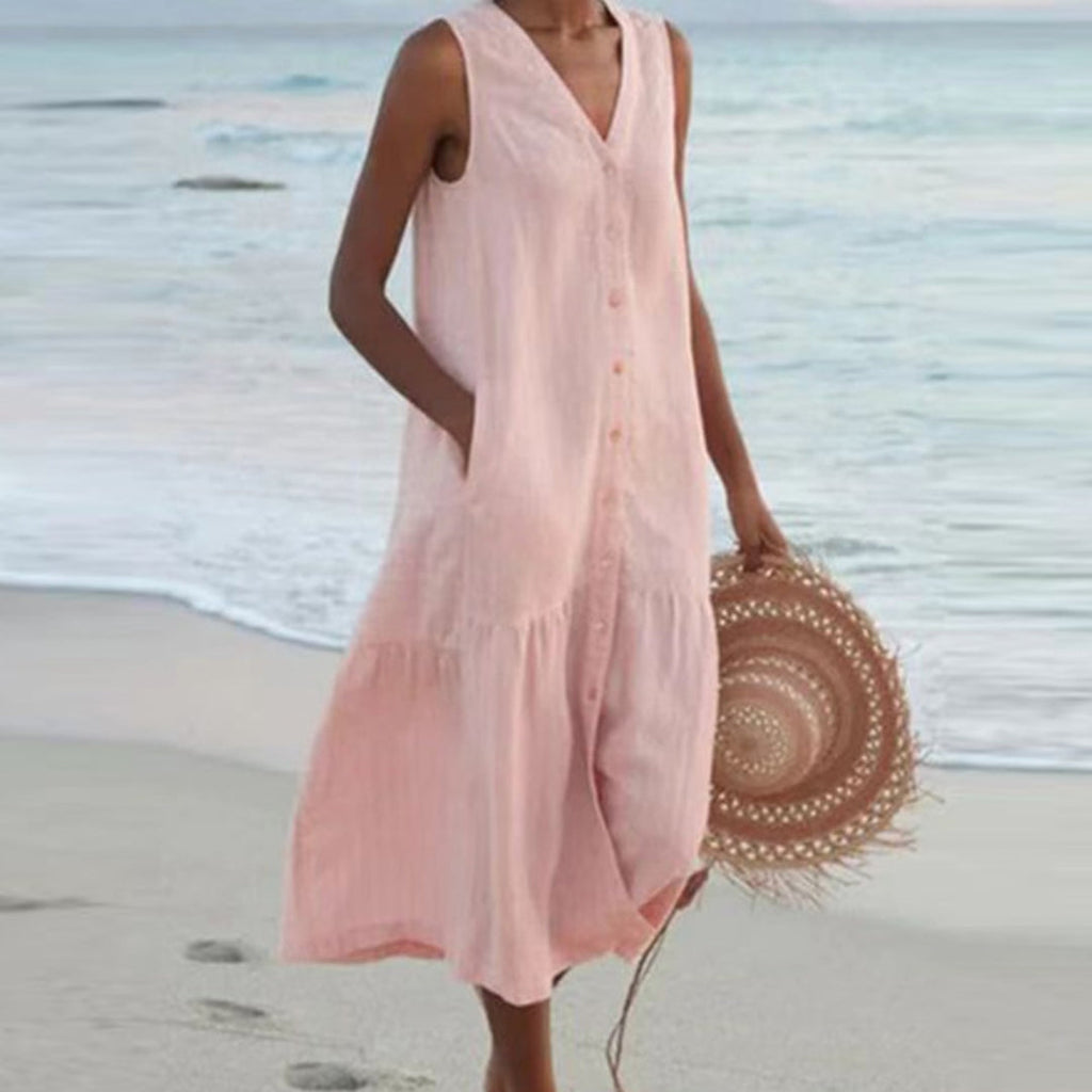 Women's Lightweight Linen Midi Dress | Casual Sleeveless Summer Shirt Dress 5