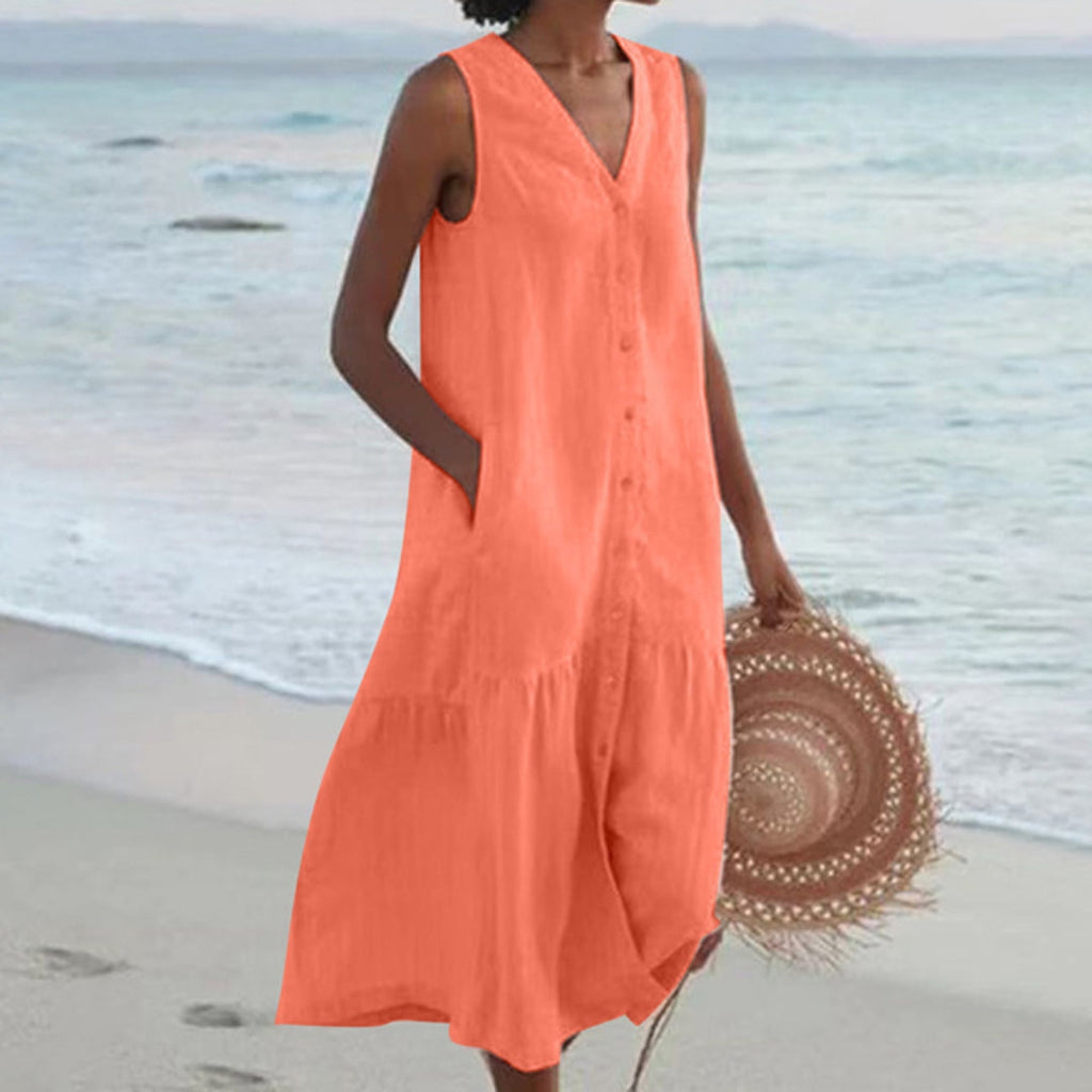 Women's Lightweight Linen Midi Dress | Casual Sleeveless Summer Shirt Dress 6
