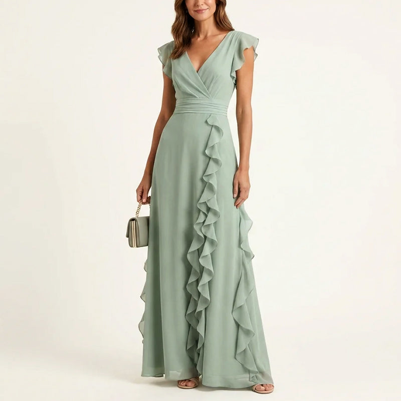 Women's Lightweight Polyester Maxi Dress | Elegant Ruffle Trim Wrap V-Neck Summer Dress 0