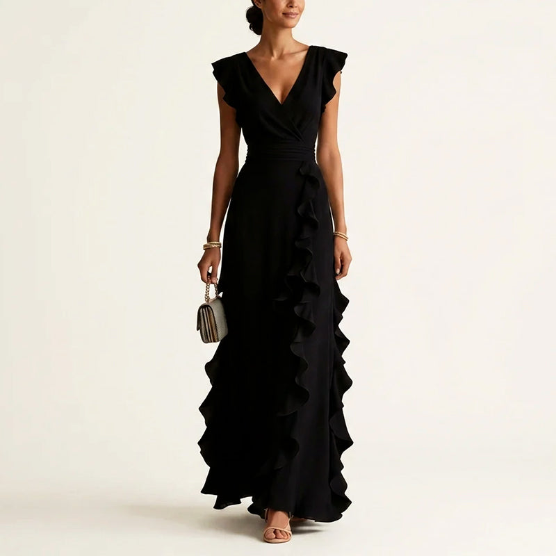 Women's Lightweight Polyester Maxi Dress | Elegant Ruffle Trim Wrap V-Neck Summer Dress 1