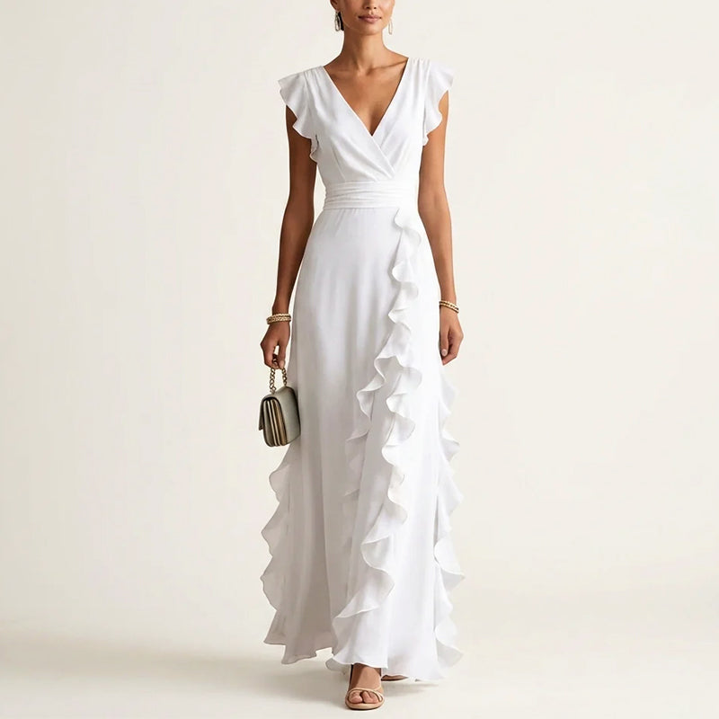 Women's Lightweight Polyester Maxi Dress | Elegant Ruffle Trim Wrap V-Neck Summer Dress 3