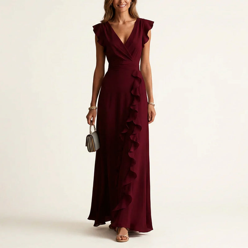 Women's Lightweight Polyester Maxi Dress | Elegant Ruffle Trim Wrap V-Neck Summer Dress 4