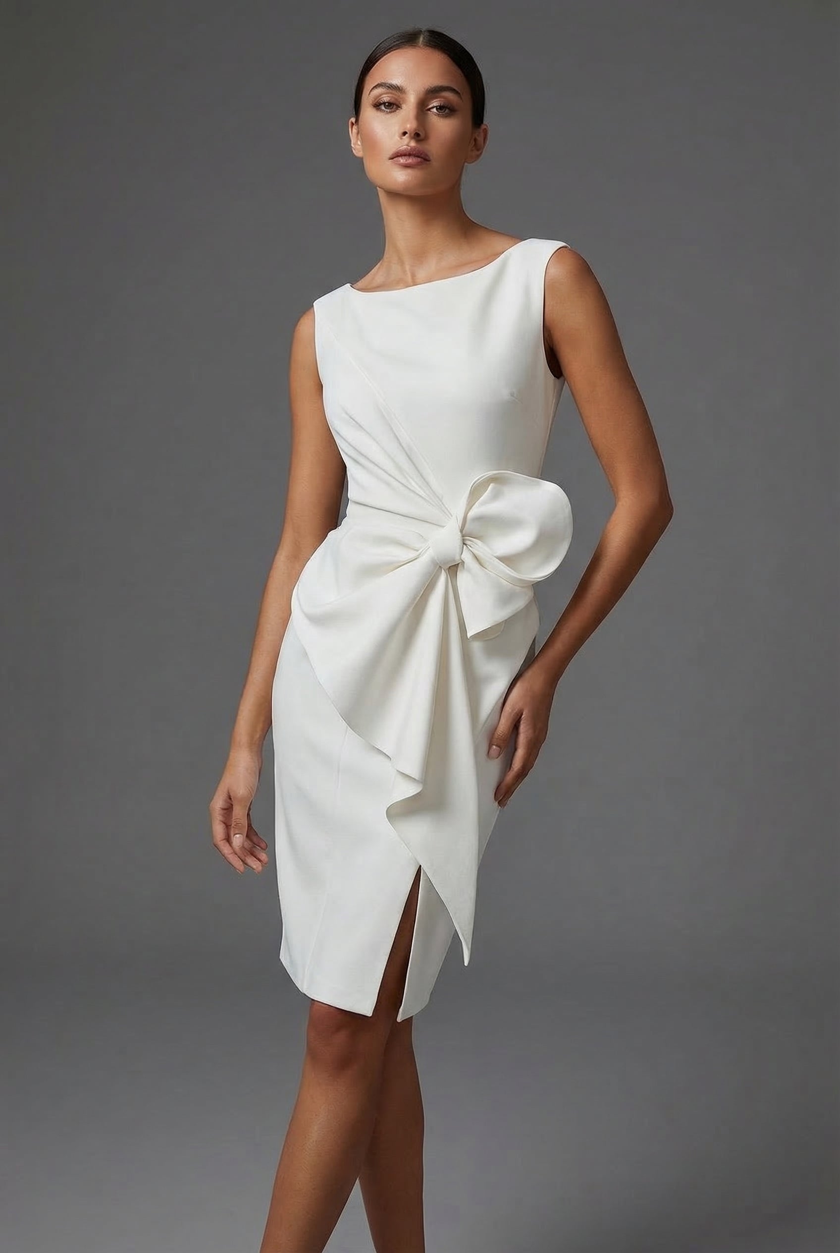 Women's Polyester Cocktail Midi Dress | Elegant Fitted Pencil Dress with Bow Waist Detail 5