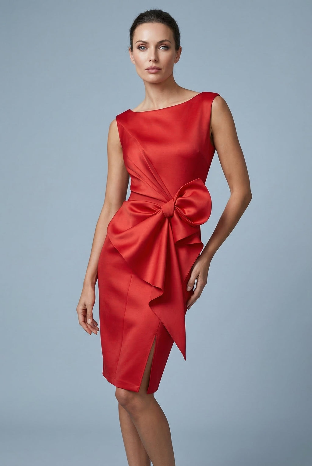 Women's Polyester Cocktail Midi Dress | Elegant Fitted Pencil Dress with Bow Waist Detail 7