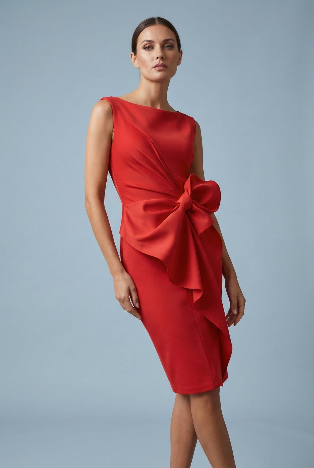 Women's Polyester Cocktail Midi Dress | Elegant Fitted Pencil Dress with Bow Waist Detail 8